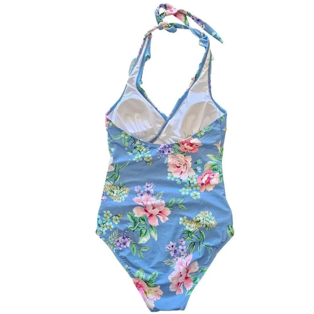 Cupshe Margarita Ruffled Romance Tummy Control One-Piece Blue Size M NWT